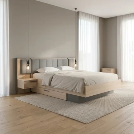 LIT 140 X 190 CM AVEC 2 CHEVETS - CHENE & GRIS ( HORS SOMMIER & TIROIR )
