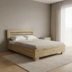 LIT 140 X 190 CM + SOMMIER + ARMOIRE 2 PORTES COULISSANTES + 1 CHEVET - LATTE & CHÊNE ( AVEC SOMMIER