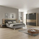 LIT + 2 CHEVET 160 X 200 CM -  BETON ET CHENE