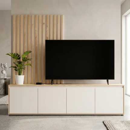 MEUBLE TV PAROI 4 PORTES EN PANNEAUX DE PARTICULES - CHÊNE MAUVELLA/SABLE