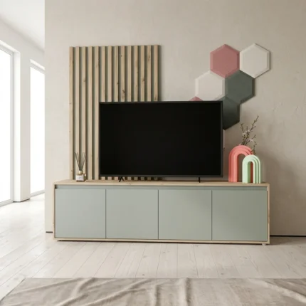 MEUBLE TV PAROI 4 PORTES EN PANNEAUX DE PARTICULES - SAUGE