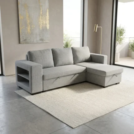CANAPÉ D'ANGLE CONVERTIBLE RÉVERSIBLE AVEC COFFRE EN TISSU - BLEU