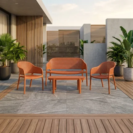 SALON DE JARDIN BAS 4 PLACES CANAPÉ 2 PLACES + 2 FAUTEUILS + TABLE BASSE - TERRACOTTA