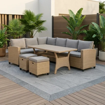 CANAPE D'ANGLE + TABLE AVEC COUSSINS - NATUREL ( POUFS EN OPTION )