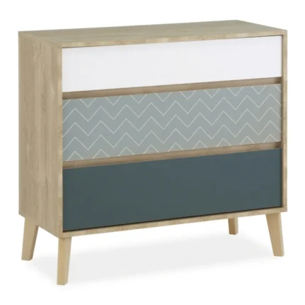 COMMODE 3 TIROIRS - BLEU ET CHÊNE