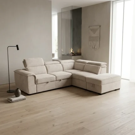 CANAPÉ D'ANGLE CONVERTIBLE AVEC OTTOMAN - BEIGE