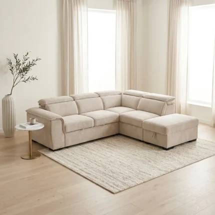CANAPÉ D'ANGLE CONVERTIBLE AVEC OTTOMAN - BEIGE