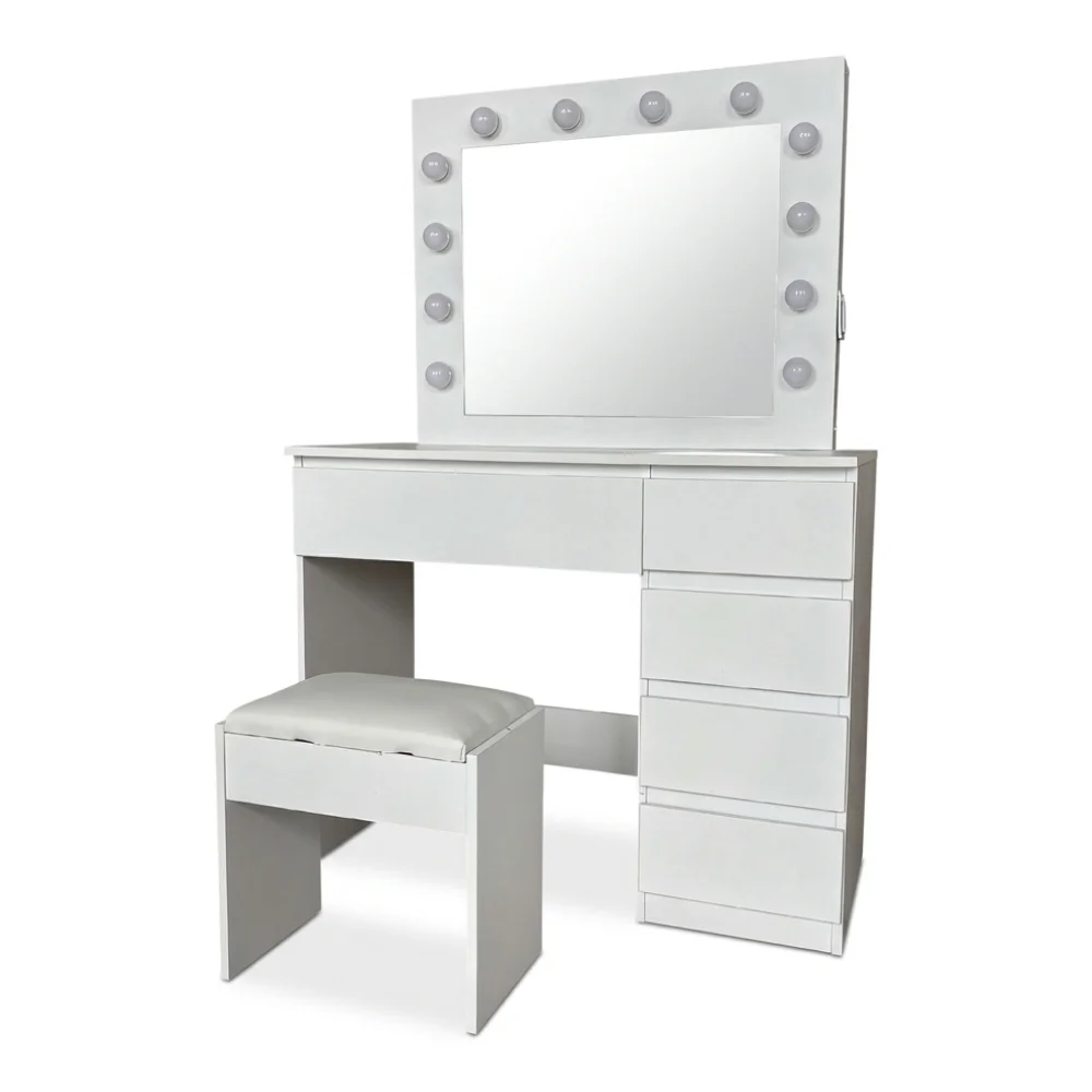 AI Generated Product Image COIFFEUSE 5 TIROIRS AVEC MIROIR LED ET TABOURET - BLANC – Image 1