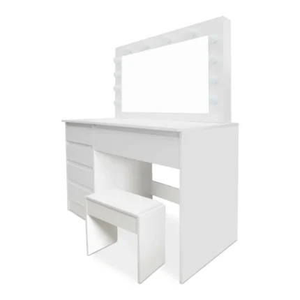 COIFFEUSE 5 TIROIRS AVEC MIROIR LED ET TABOURET - BLANC