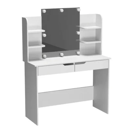 COIFFEUSE 2 TIROIRS AVEC ÉTAGÈRES ET MIROIR LED - BLANC