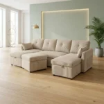 CANAPÉ D'ANGLE CONVERTIBLE EN VELOURS CÔTELÉ - BEIGE