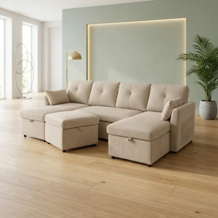 CANAPÉ D'ANGLE CONVERTIBLE EN VELOURS CÔTELÉ - BEIGE