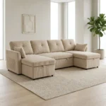 CANAPÉ D'ANGLE CONVERTIBLE EN VELOURS CÔTELÉ - BEIGE