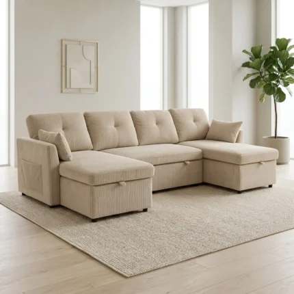CANAPÉ D'ANGLE CONVERTIBLE EN VELOURS CÔTELÉ - BEIGE