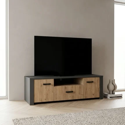 MEUBLE TV 2 PORTES + 1 TIROIR - CHENE ROYAL & EBENE