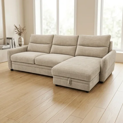 CANAPÉ D'ANGLE CONVERTIBLE EN TISSU - BEIGE
