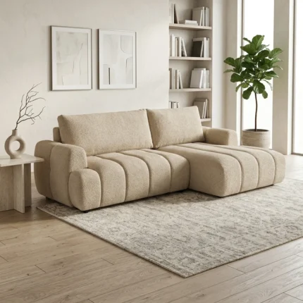 CANAPÉ D'ANGLE DROIT 2 PLACES + MÉRIDIENNE AVEC COFFRES EN TISSU BOUCLETTE - BEIGE