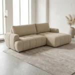 CANAPÉ D'ANGLE GAUCHE 2 PLACES + MÉRIDIENNE AVEC COFFRES EN TISSU BOUCLETTE - BEIGE