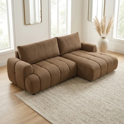 CANAPÉ D'ANGLE DROIT 2 PLACES + MÉRIDIENNE AVEC COFFRES EN TISSU BOUCLETTE - MARRON