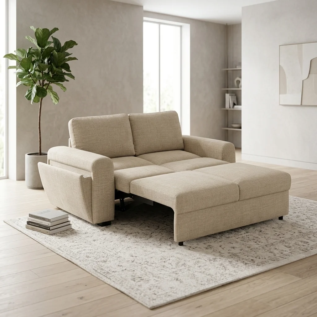 AI Generated Product Image CANAPÉ CONVERTIBLE 2 PLACES AVEC PORTE-VERRE EN TISSU - BEIGE – Image 1