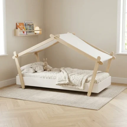 LIT 90 X 200 CM STYLE MAISON - BLANC & CHENE  AVEC SOMMIER