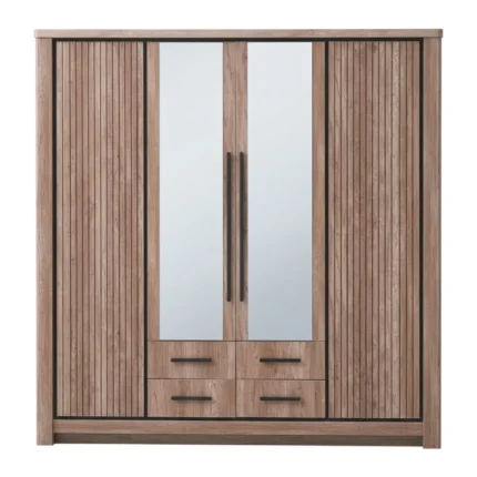 ARMOIRE 4 PORTES 2 MIROIRS 4 TIROIRS EN PANNEAUX DE PARTICULES - CHÊNE MOCHA