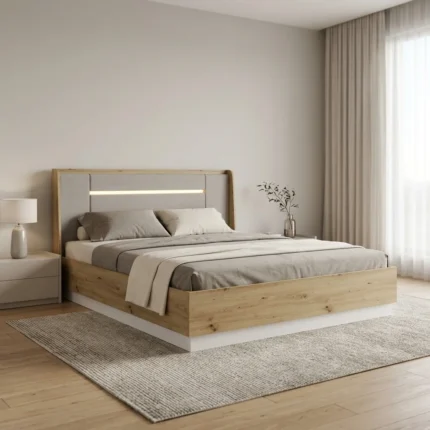 LIT 160 X 200 CM +  ARMOIRE 2 PORTES COULISANTES + 2 CHEVETS - CHENE & BLANC ( AVEC SOMMIER )