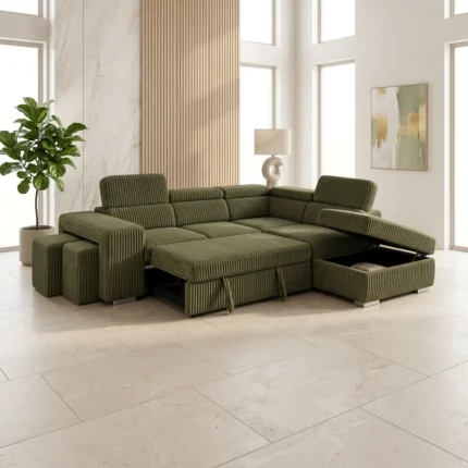 CANAPÉ D'ANGLE DROIT CONVERTIBLE AVEC COFFRE ET 2 POUFS EN TISSU - VERT OLIVE
