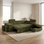 CANAPÉ D'ANGLE GAUCHE CONVERTIBLE AVEC COFFRE ET 2 POUFS EN TISSU - VERT OLIVE