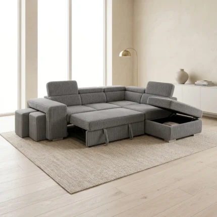CANAPÉ D'ANGLE DROIT CONVERTIBLE AVEC COFFRE ET 2 POUFS EN TISSU - GRIS