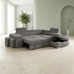CANAPÉ D'ANGLE GAUCHE CONVERTIBLE AVEC COFFRE ET 2 POUFS EN TISSU - GRIS