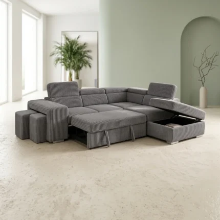 CANAPÉ D'ANGLE GAUCHE CONVERTIBLE AVEC COFFRE ET 2 POUFS EN TISSU - GRIS
