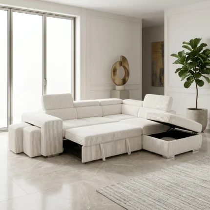 CANAPÉ D'ANGLE DROIT CONVERTIBLE AVEC COFFRE ET 2 POUFS EN TISSU - BEIGE