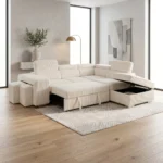 CANAPÉ D'ANGLE GAUCHE CONVERTIBLE AVEC COFFRE ET 2 POUFS EN TISSU - BEIGE