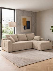 Salon moderne avec canape beige cotele Home