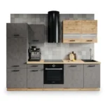 BLOC CUISINE 280 CM CHÊNE WOTAN CHROMIX PLAN DE TRAVAIL HPD 38MM PORTES VITRÉES HORS SANITAIRE & ÉLE