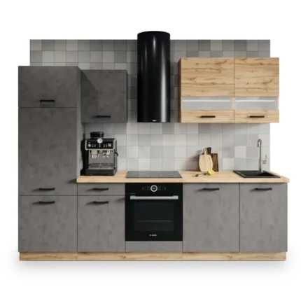 BLOC CUISINE 280 CM CHÊNE WOTAN CHROMIX PLAN DE TRAVAIL HPD 38MM PORTES VITRÉES HORS SANITAIRE & ÉLE
