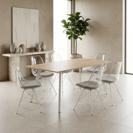 TABLE + 6 CHAISES PLASTIQUE - CHÊNE & BLANC