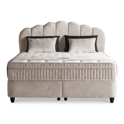LIT COFFRE + SOMMIER 160X200 CM EN TISSU BOUCLÉ - BEIGE