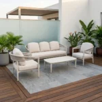 SALON DE JARDIN CANAPÉ 3 PLACES + 2 FAUTEUILS + TABLE BASSE EN ALUMINIUM ET CORDE