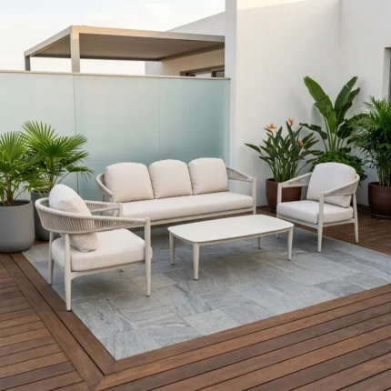 SALON DE JARDIN CANAPÉ 3 PLACES + 2 FAUTEUILS + TABLE BASSE EN ALUMINIUM ET CORDE