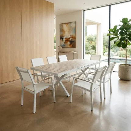 ENSEMBLE TABLE DE JARDIN EXTENSIBLE + 8 CHAISES À ACCOUDOIRS EN ALUMINIUM ET TEXTILÈNE