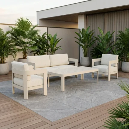 CANAPÉ 3 PLACES + 2 FAUTEUILS + TABLE BASSE - BLANC CASSÉ