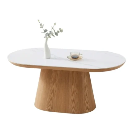 TABLE BASSE OVALE EFFET MARBRE - BLANC ET CHÊNE