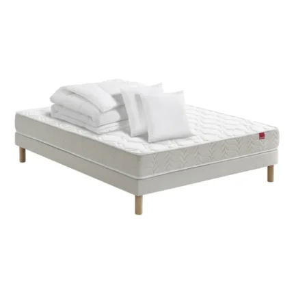 ENSEMBLE MATELAS RESSORTS + SOMMIER TAPISSIER 160X200 CM AVEC PIEDS, 2 OREILLERS ET COUETTE
