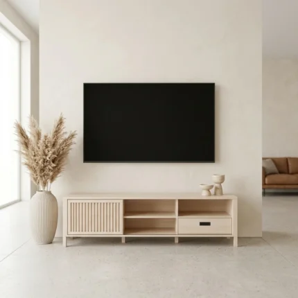 MEUBLE TV 1 PORTE COULISSANTE + 1 TIROIR ET 3 NICHES - CHÊNE