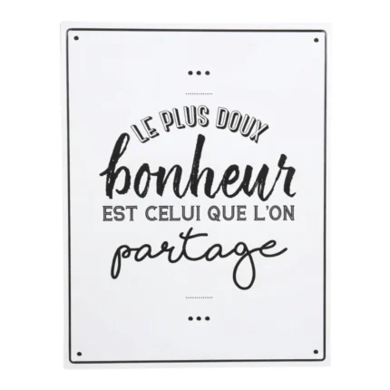 PLAQUE DÉCORATIVE BONHEUR BLANCHE - MÉTAL