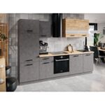 BLOC CUISINE 280 CM CHÊNE WOTAN CHROMIX PLAN DE TRAVAIL HPD 38MM PORTES VITRÉES HORS SANITAIRE & ÉLE – Image 2