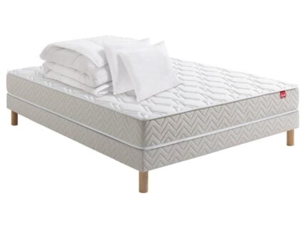 ENSEMBLE MATELAS RESSORTS + SOMMIER TAPISSIER 140X190 CM AVEC PIEDS, 2 OREILLERS ET COUETTE